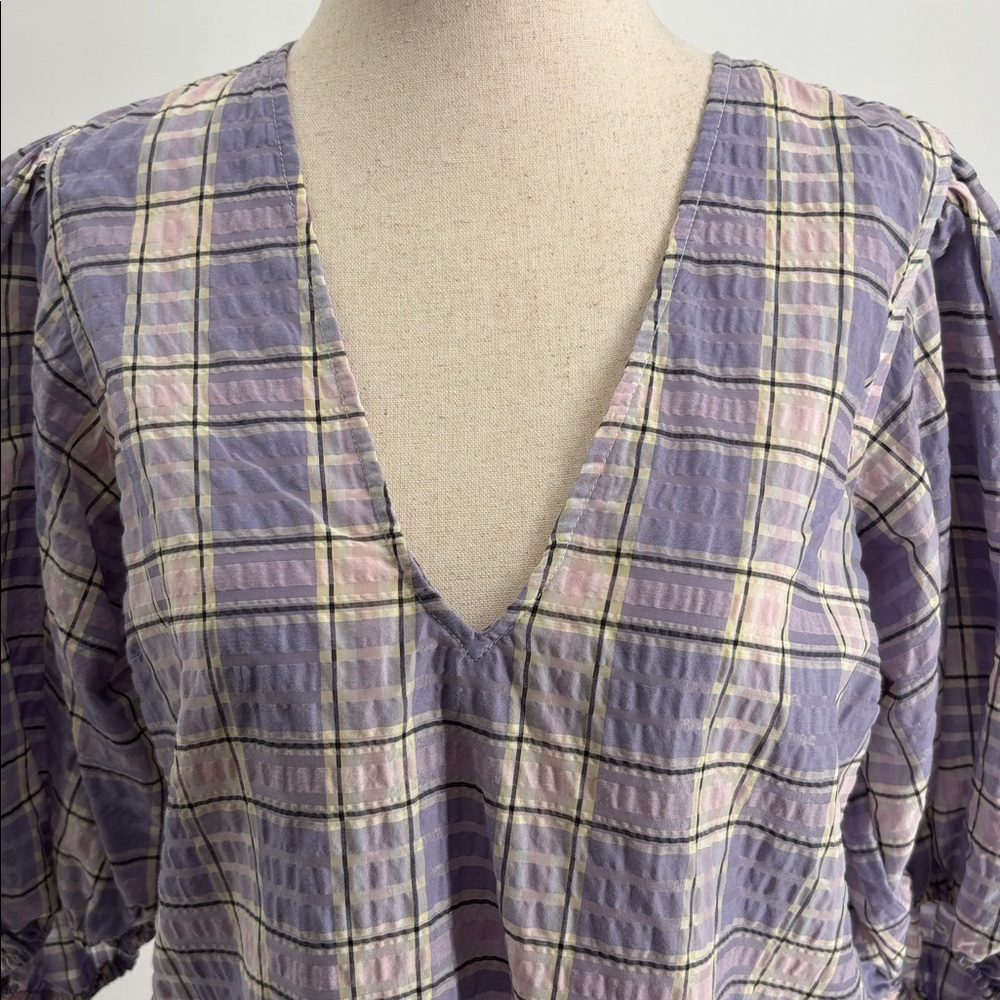 Ganni Check Seersucker Check V Neck Blouse in Persian Violet Check - Size Small - Picture 4 of 10